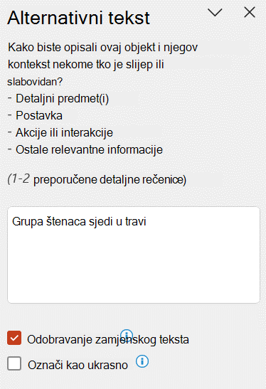 Automatski zamjenski tekst prikazan u oknu Zamjenski tekst s potvrđenim potvrdnim okvirom Odobri zamjenski tekst.