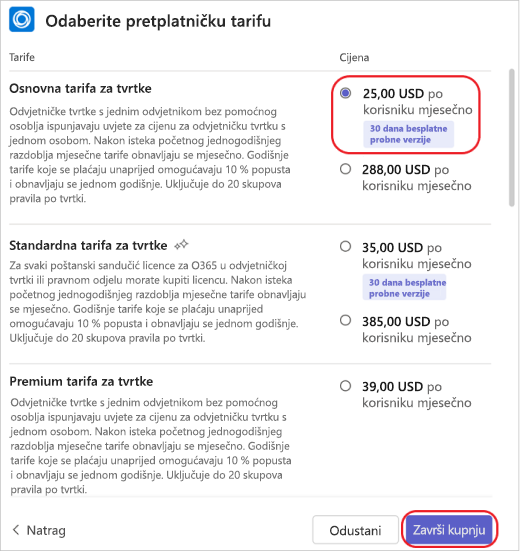 Odabir pretplatne tarife za aplikaciju