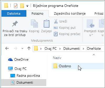 Snimka zaslona mape Dokumenti sustava Windows s vidljivom mapom bilježnica programa OneNote.