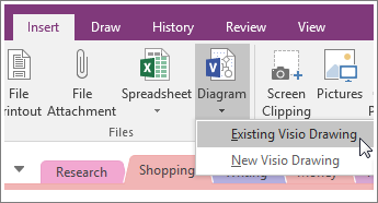 Snimka zaslona s gumbom Umetni dijagram u programu OneNote 2016.