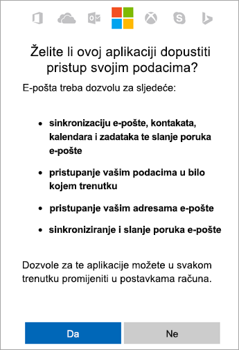 Dodirnite Da da biste prihvatili dozvole