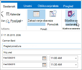 Snimka zaslona s gumbom Bilješke sa sastanka programa OneNote u programu Outlook.