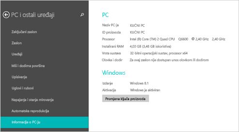 Stranica s informacijama o PC-ju u postavkama PC-ja