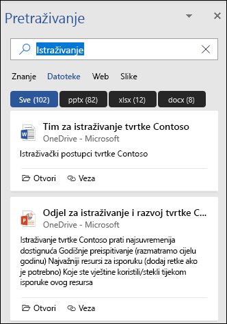 Okno pretraživanje s prikazom pronađenih datoteka pomoću pretraživanja