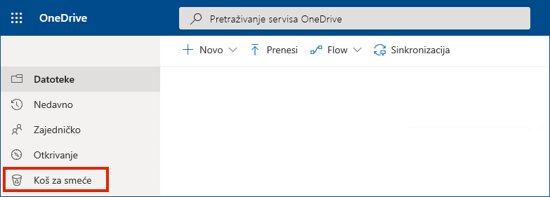 OneDrive za tvrtke online prikazuje koš za smeće na lijevom izborniku