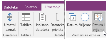 Snimka zaslona gumba Datum i vrijeme u programu OneNote 2016.