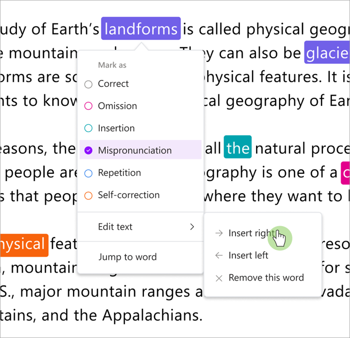 Sreenshot of review pane of reading progress showing how to insert words to right or left of a selected word