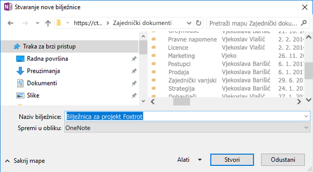 Dijaloški okvir Stvaranje nove bilježnice u programu OneNote za Windows 2016