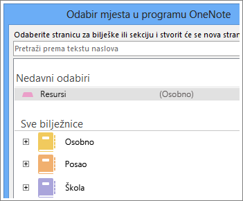 Snimka zaslona s prozorom programa OneNote u kojem možete odabrati u koju se stranicu unose bilješke putem servisa Skype.