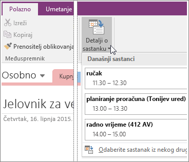 Snimka zaslona gumba Upravljanje detaljima u programu OneNote 2016.