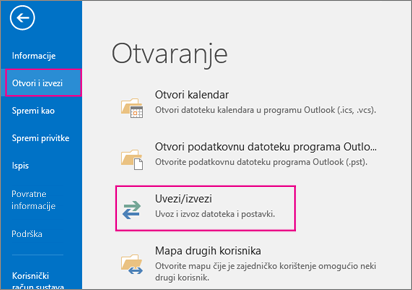 Odaberite Otvori i izvezi, a zatim Uvoz/izvoz.