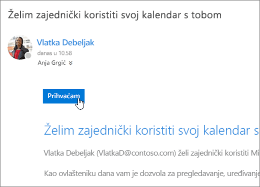 Snimka zaslona pozivnice za zajednički kalendar.