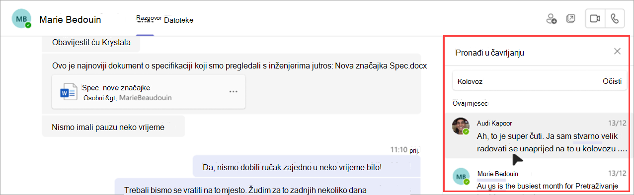 Potražite i pronađite određeni sadržaj na namjenskoj traci za pretraživanje u razgovorima u čavrljanju.