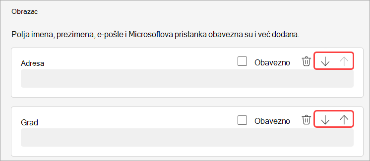 Snimka zaslona s istaknutim načinom promjene redoslijeda registracijskih pitanja za web-seminar.