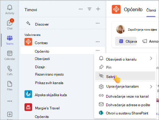 Sakrijte općeniti kanal u timu.