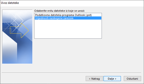 Čarobnjak za izvoz u programu Outlook – odabir CSV datoteke