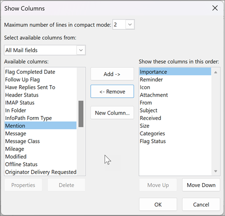 Prikaz postavki stupaca u programu Outlook