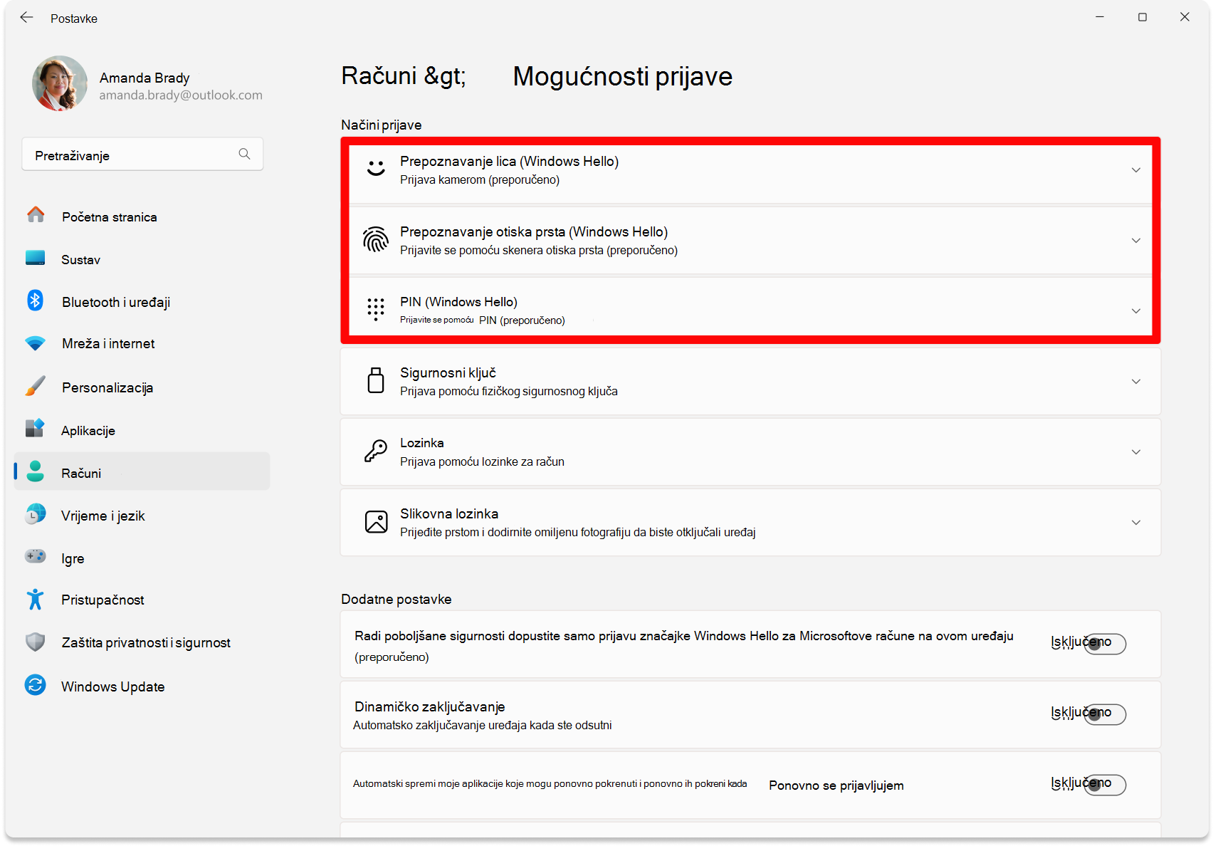 Snimka zaslona s postavkama – mogućnosti za konfiguriranje značajke Windows Hello.