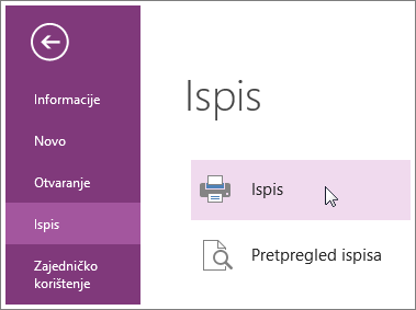 S izbornika Ispis možete ispisivati stranice programa OneNote