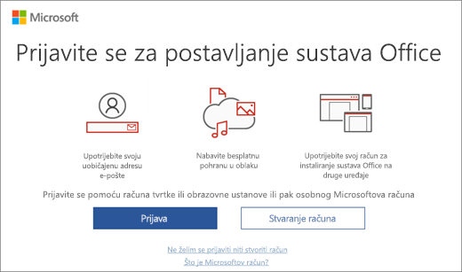 Pokazuje stranicu "Prijava radi postavljanja sustava Office" koja se može pojaviti nakon instalacije sustava Office