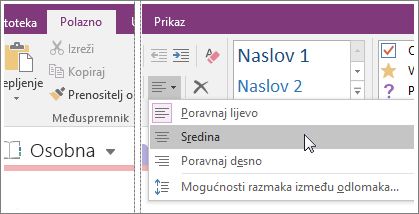 Snimka zaslona gumba Poravnanje odlomka u programu OneNote 2016.