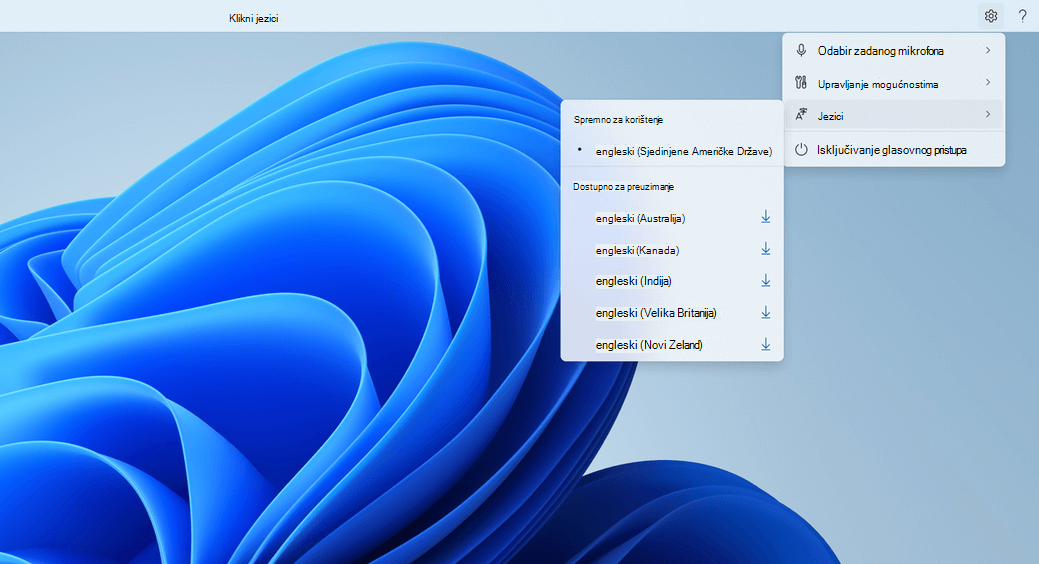 Gumb postavke na desnoj strani korisničkog sučelja za glasovni pristup proširen je da bi se prikazale četiri mogućnosti: odabir zadanog mikrofona, upravljanje mogućnostima, jezicima i isključivanje glasovnog pristupa. Mogućnost Jezici dodatno je proširena da bi se prikazali jezici.