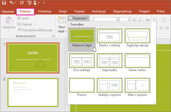 Rasporedi slajdova u programu PowerPoint