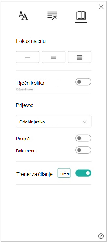 Snimka zaslona okna s preferencama čitanja stopljenog čitača s mogućnostima fokusa na crtu, rječnika slika, prijevoda i trenera za čitanje.