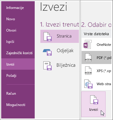 Snimka zaslona s uputama za izvoz stranice s bilješkama u programu OneNote 2016.