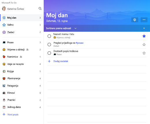 Snimka zaslona s prikazom bočne trake popisa i popisa dana u programu Microsoft to-do