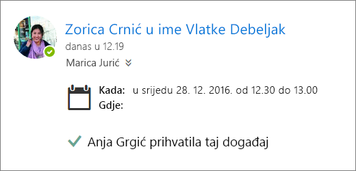 Snimka zaslona pozivnice na sastanak koju je prihvatio delegat.