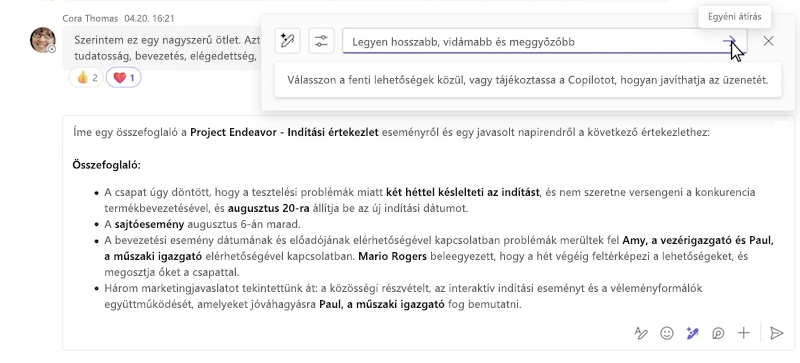 Üzenet egyéni átírása a Copilot használatával a Microsoft Teams csevegésben.