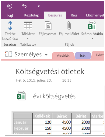 Képernyőkép: beágyazott munkafüzet a OneNote 2016-ban.