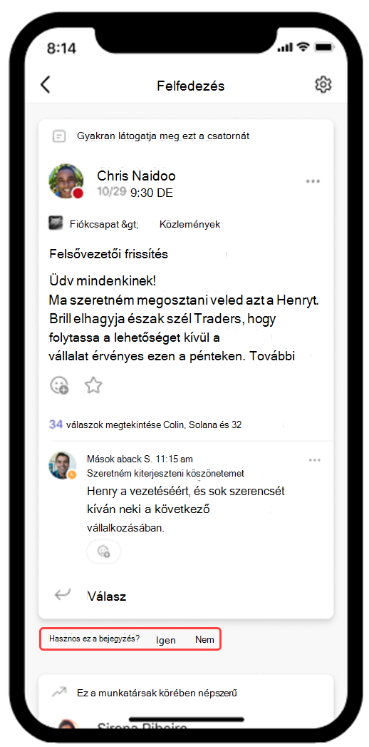 Képernyőkép a Teams Discover-hírcsatorna mobilon való megnyitásáról