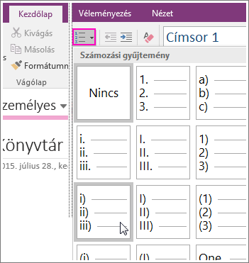 Képernyőkép, mely szemlélteti, hogyan adhat hozzá számozást egy laphoz a OneNote 2016-ban.