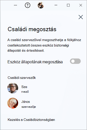 A Családi megosztás panel a Windowshoz készült Microsoft Defenderben.