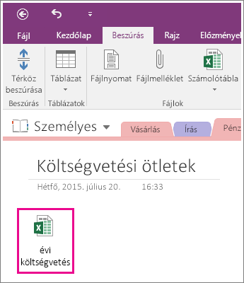 Képernyőkép: csatolt munkafüzet a OneNote 2016-ban.