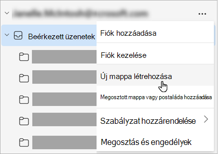 Képernyőkép a mappaablak További beállítások menüjében kiválasztott Új mappa létrehozása lehetőségről