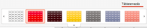 A Táblázatstílusok gyűjtemény a Mac PowerPoint Táblázattervező lapján.