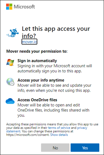 Kép a Moverről, amely engedélyt kér a bejelentkezésre és a fájlok szerkesztésére.