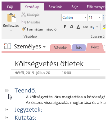 Képernyőkép arról, hogy miként csukhatja össze a tagolásokat a OneNote 2016-ban.