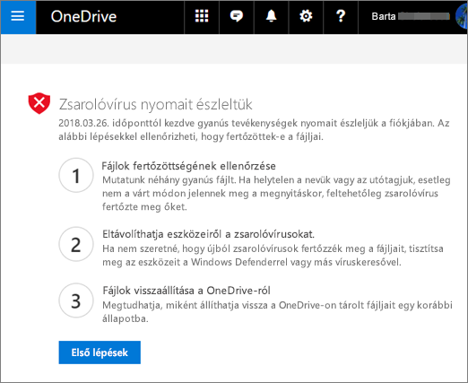 Képernyőkép a Zsarolóvírusok észlelt jelei képernyőről a OneDrive webhelyén