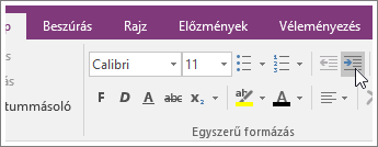 Képernyőkép a OneNote 2016 Behúzás növelése gombjáról