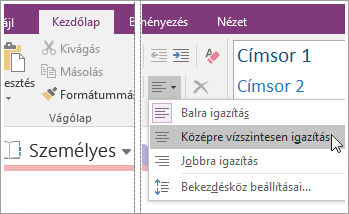 Képernyőkép a OneNote 2016 Bekezdés igazítása gombjáról