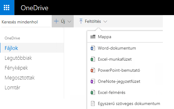 Képernyőkép: dokumentum létrehozása a OneDrive.com webhelyről