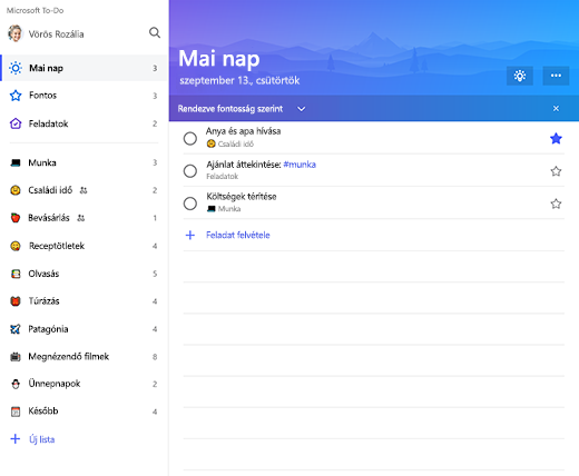 Képernyőkép a lista oldalsávról és a Mai nap listáról a Microsoft To-Do appban