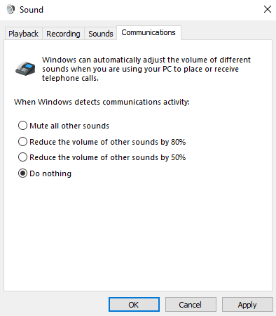 Tab Komunikasi dari Panel Kontrol Suara memiliki empat cara untuk Windows menangani suara saat Anda menggunakan PC untuk panggilan atau rapat. "Jangan lakukan apa-apa" dipilih.