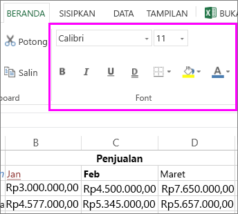 Tombol pengaturan font di Pita