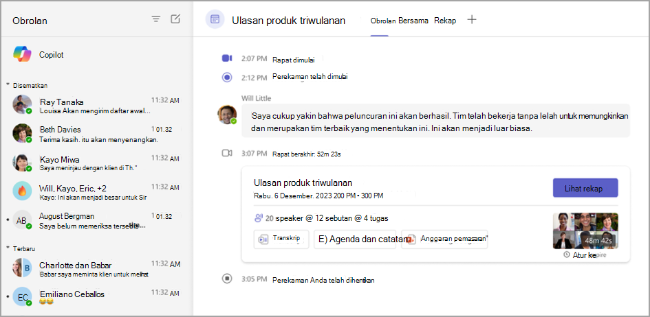 Cuplikan layar yang menampilkan fitur rekap rapat dalam obrolan rapat.