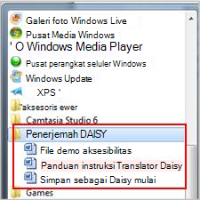 Menu Mulai memperlihatkan file Daisy setelah instalasi